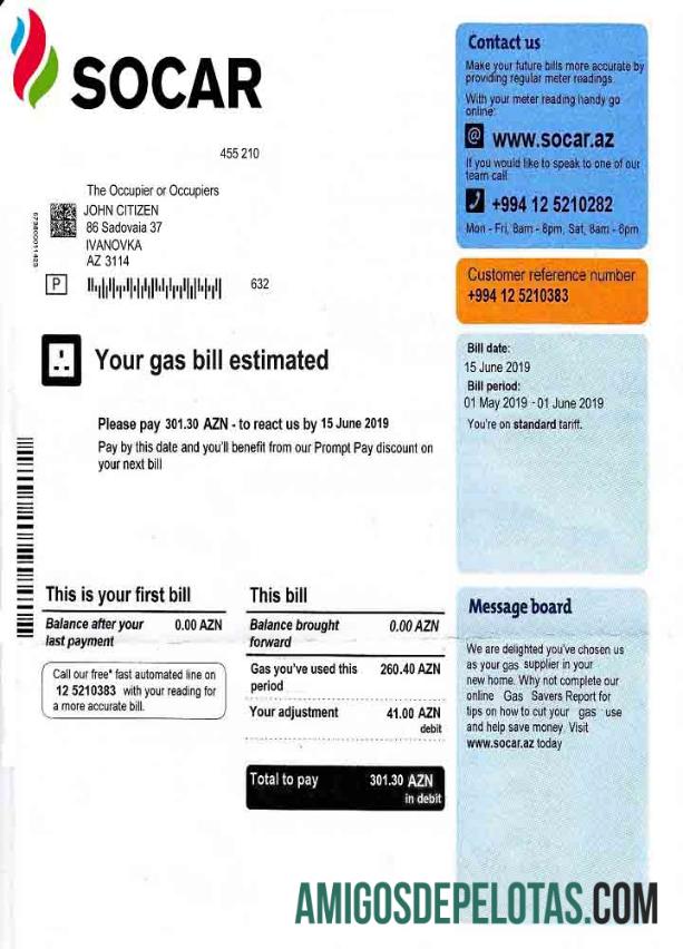Para baixar modelo de fatura de serviços públicos de gás Socar do Azerbaijão em formato Word e PDF